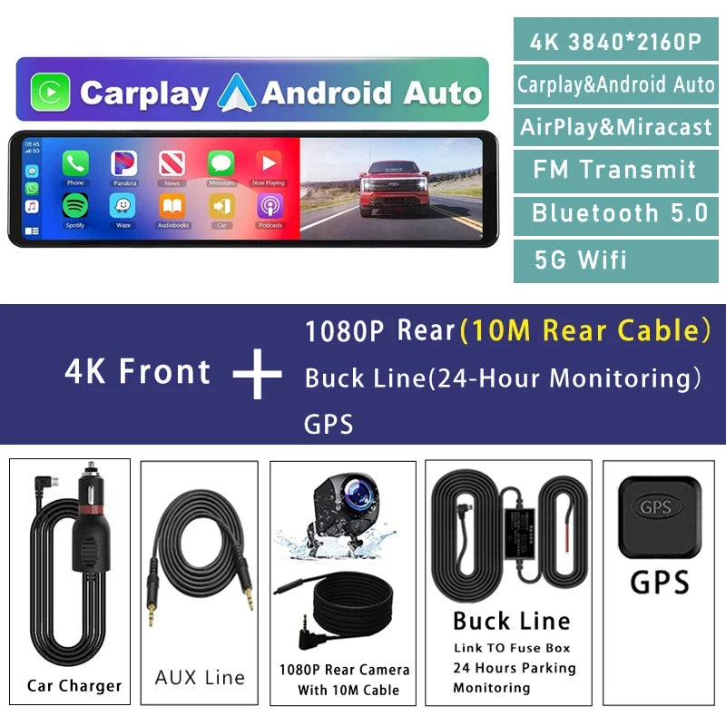 11.26 Inch 4K Car DVR Dash Cam - CarPlay Android Auto GPS 4K Front-10M-BL-GPS / None