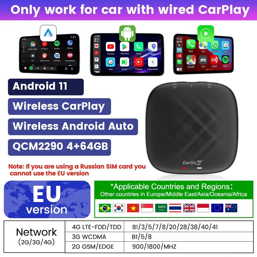 Carlinkit Wireless CarPlay Android Auto YouTube Box 4G 128G EU 11 64G 4 cores