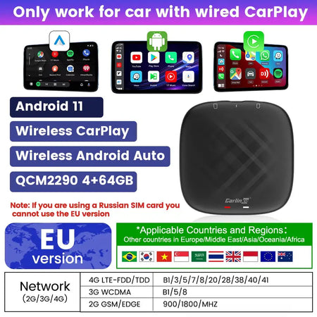 Carlinkit Wireless CarPlay Android Auto YouTube Box 4G 128G EU 11 64G 4 cores