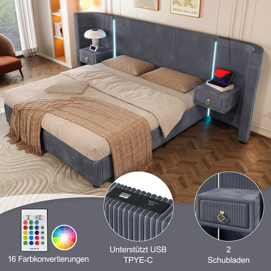 Oblazinjena postelja 180x200cm sivo žametna z LED shrambo