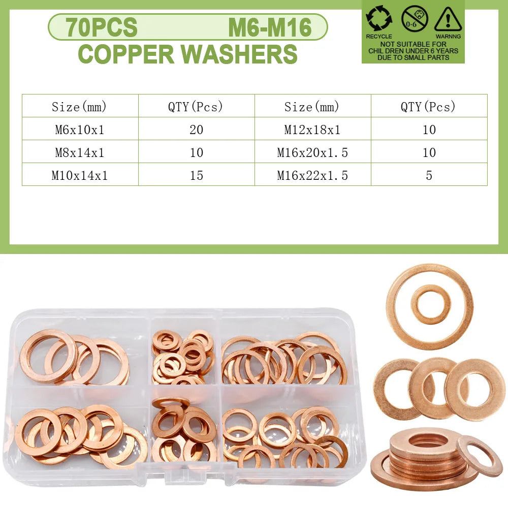Copper Sealing O-ring Gasket Kit for Boat and Motorcycle Style B  70Pcs