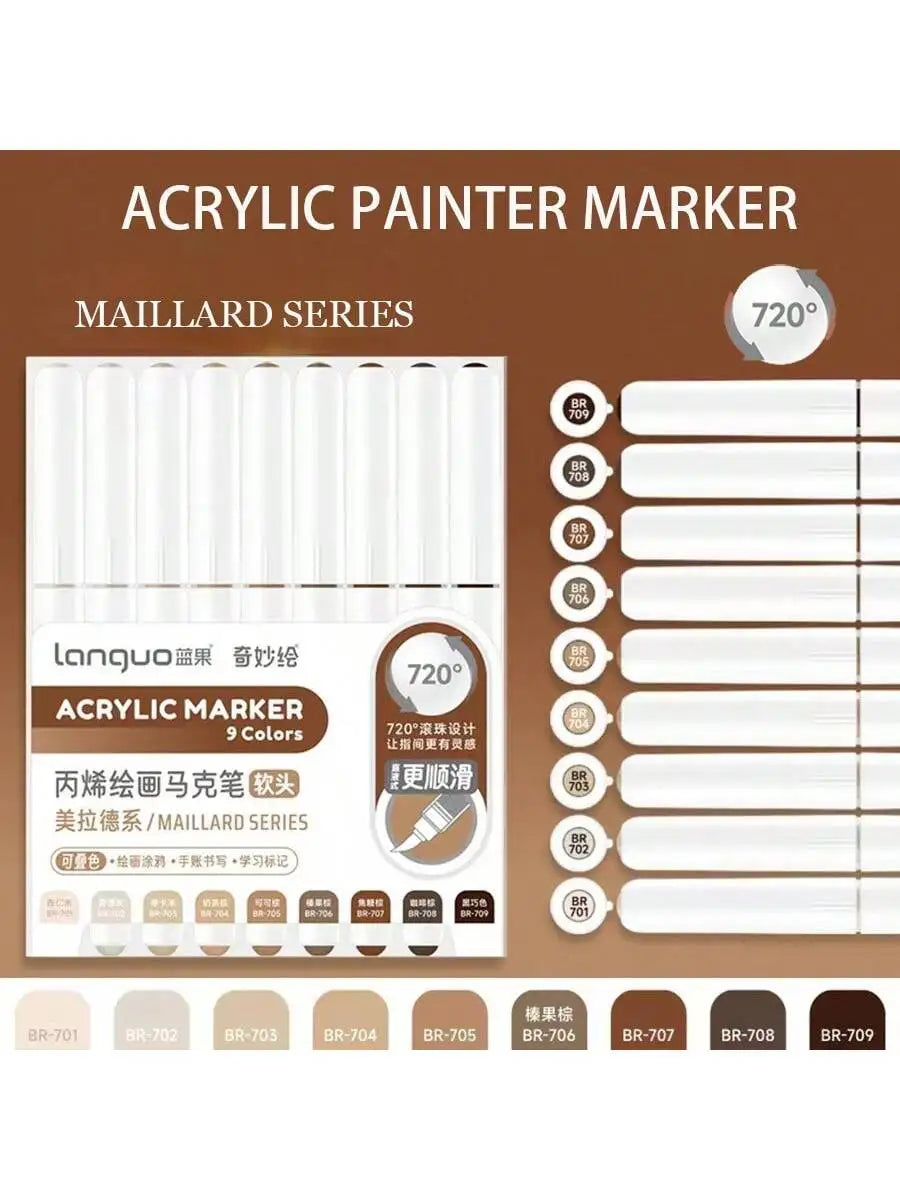 9-Piece Soft Brush Acrylic Marker Pen Set for DIY Hand Drawn Art, Student Graffiti, and Painting - M720