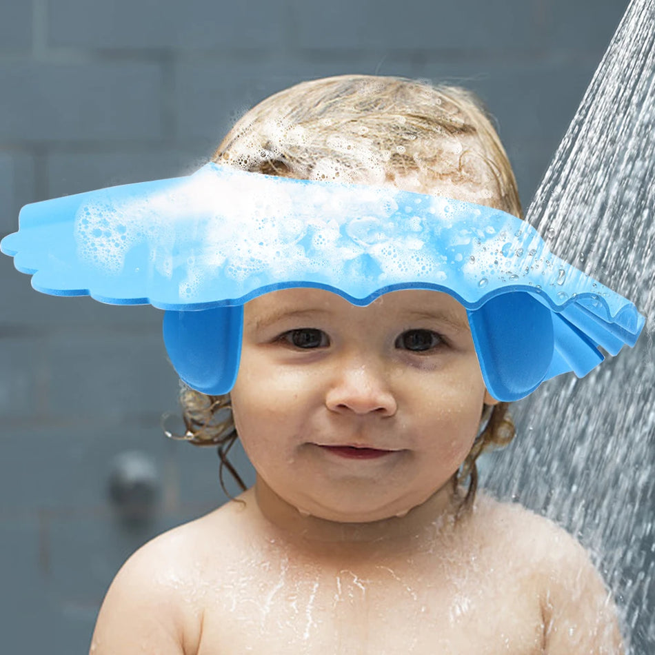 🟠 Kids Protection Shower Cap Solid Color Buckle Style Bathing Waterproof Ear Protection Adjustable Baby Hair Wash Hat Head Cover