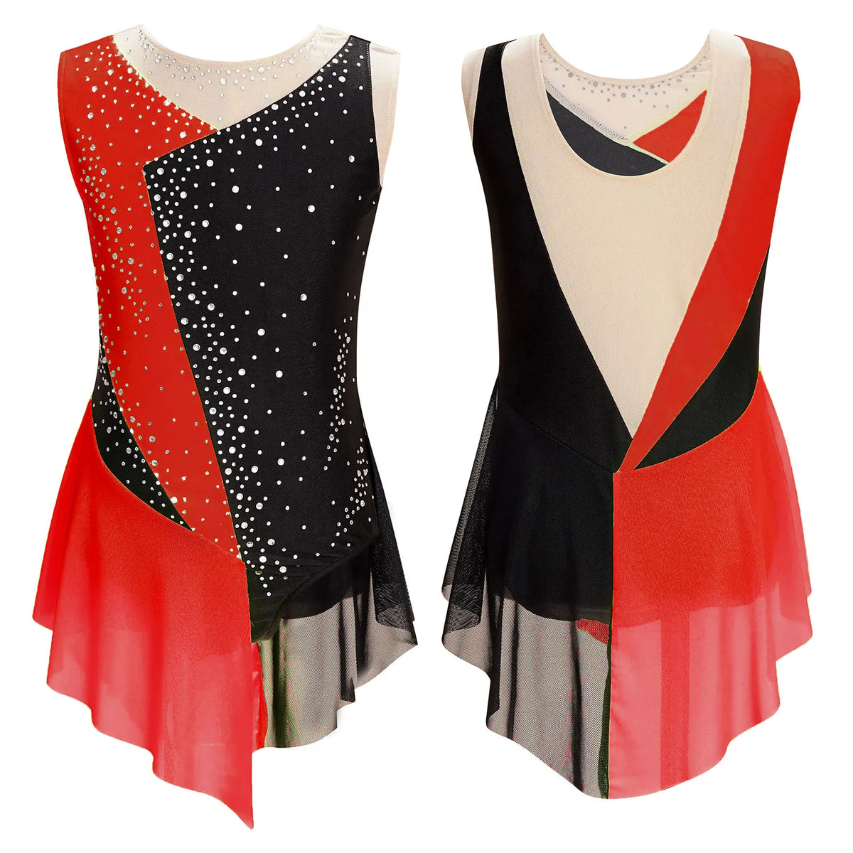 Girls Figure Ice Skating Dress &ndash; Color Block Rhinestone Design Red / 10