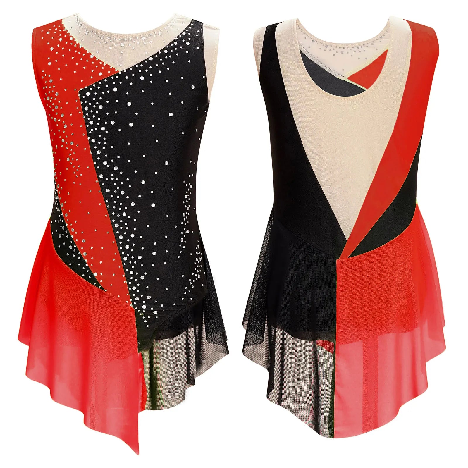 Girls Figure Ice Skating Dress &ndash; Color Block Rhinestone Design Red / 10