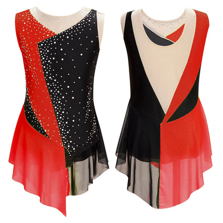 Girls Figure Ice Skating Dress &ndash; Color Block Rhinestone Design Red / 10