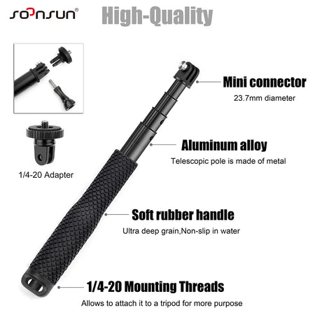 SOONSUN Aluminium Waterproof Selfie Stick &ndash; Versatile Underwater Grip for Action Cameras