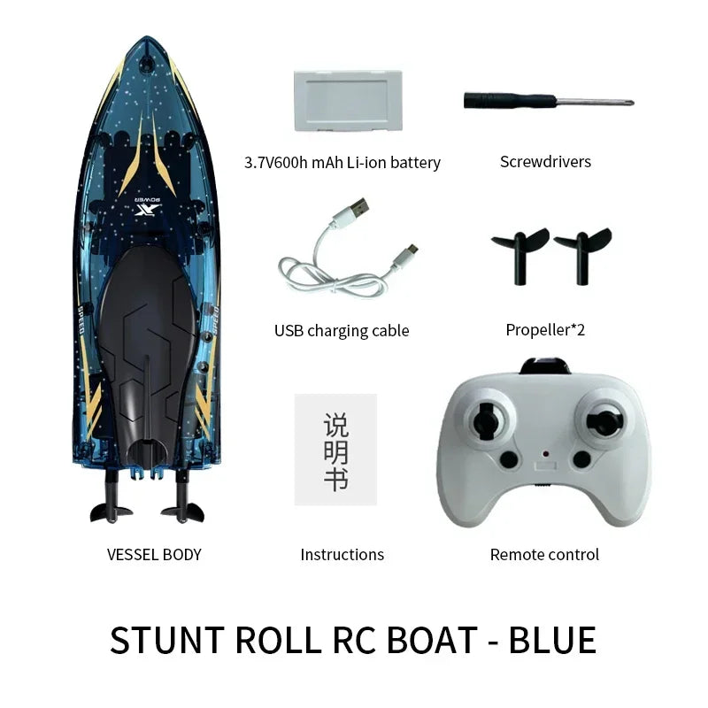 2024 High-Speed 360-Degree Flip Transparent Remote Control Speedboat for Kids Blue