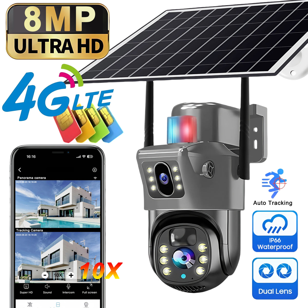 8MP 4K Solar Camera Dual Lens HD Night Vision Safety Protection Built-in Battery PTZ Surveillance 4G Camera Security CCTV