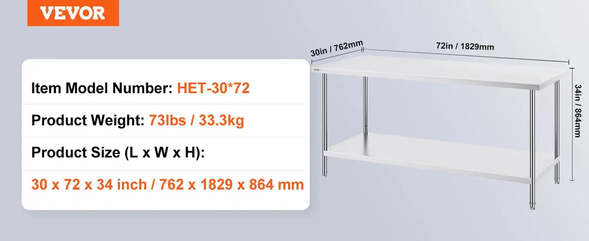 Heavy Duty Prep Table Stainless Steel With Adjustable Height 30x72 / GERMANY