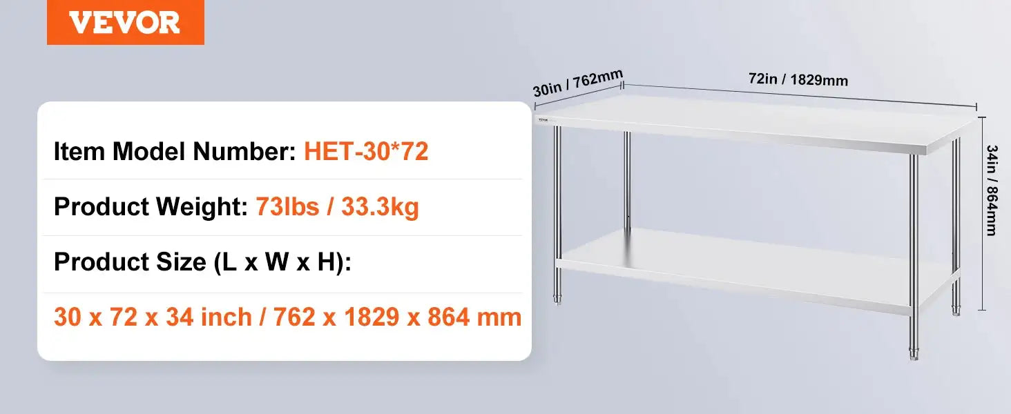 Heavy Duty Prep Table Stainless Steel With Adjustable Height 30x72 / GERMANY