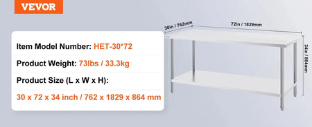 Heavy Duty Prep Table Stainless Steel With Adjustable Height 30x72 / GERMANY