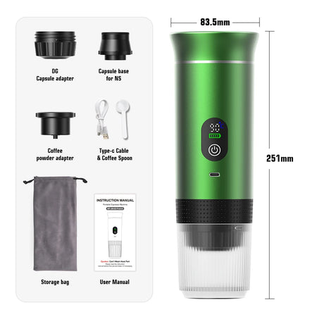 Foombthe Portable Espresso &ndash; Digital Display 3 In 1 Capsule Metallic Green