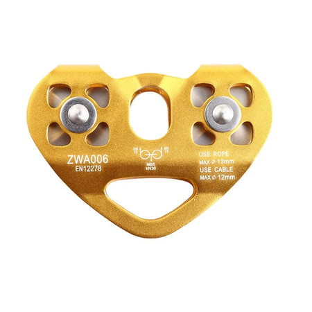 30kN Outdoor Rock Climbing Rescue Dual Pulley Zip Line Pulley Aluminum Magnesium Alloy Climbing Gear Hammock Hanging Device YD28-30KN-gold