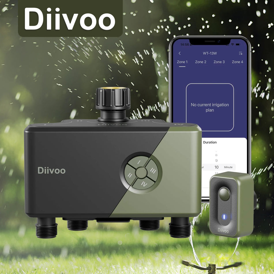 Diivoo Garden WiFi Water Timer - 4 Zone Smart Irrigation Controller with Rain Delay &amp; Alexa Compatibility