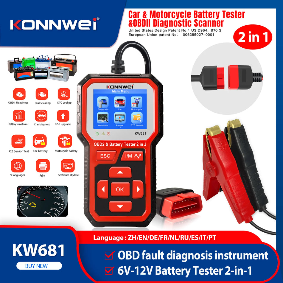 KONNWEI KW681 Bilbatteritestare 6V/12V Med OBD2 Diagnos 2 I 1