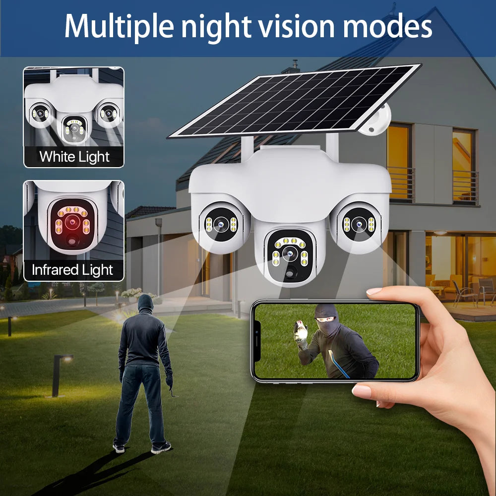 V380 Pro 4G Solar Camera 15MP Triple Lens Triple PTZ Camera Two-Way Audio Outdoor Built-in Battery Security CCTV HD IP Camera