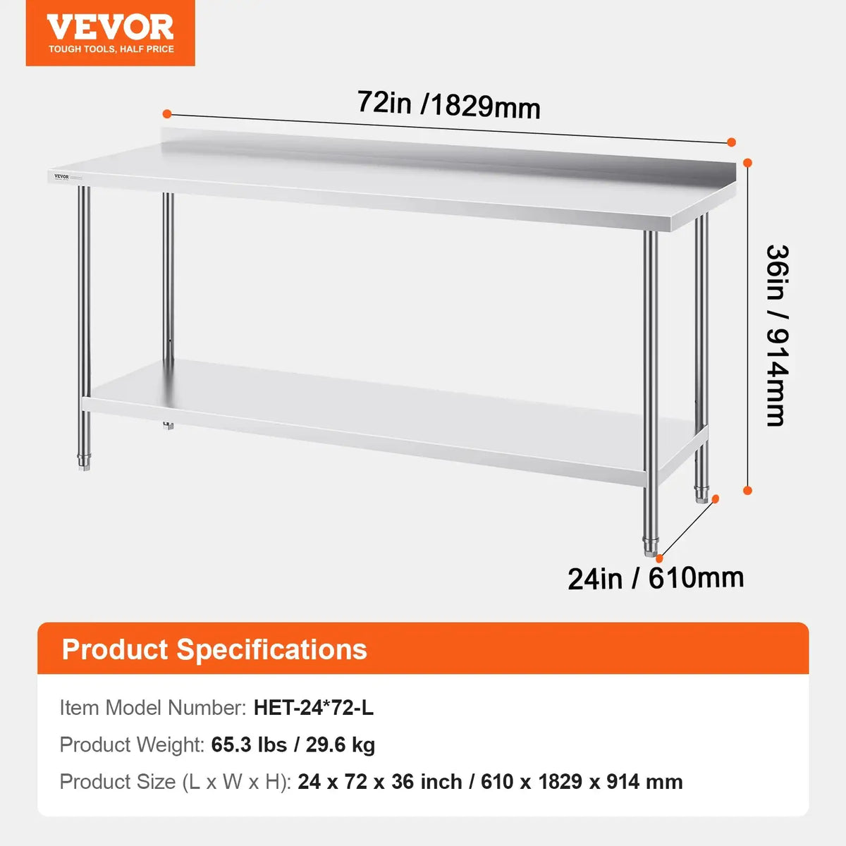 Heavy Duty 24x72x36 Stainless Steel Food Prep Table 24x72in / Poland