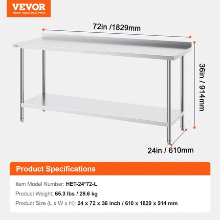Heavy Duty 24x72x36 Stainless Steel Food Prep Table 24x72in / Poland