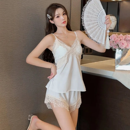 Sexy Summer Ice Silk Sleepwear Women's Set - V-neck Two-piece Nightgown