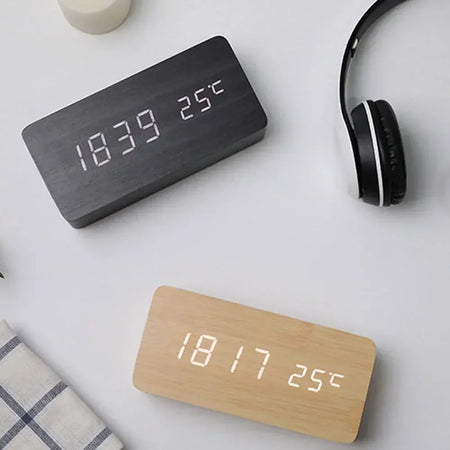 Sleek Wooden Digital Alarm Clock with Voice Control and USB Charging