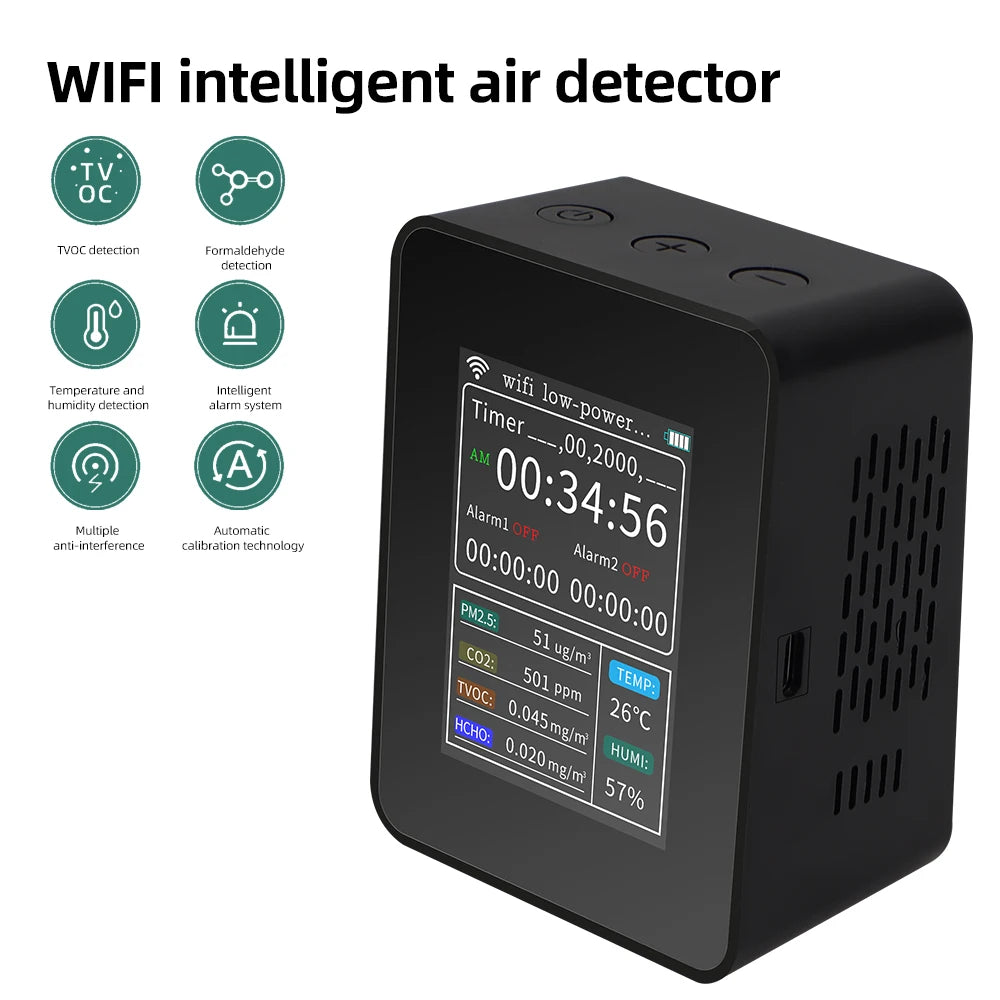 6 In 1 Air Quality Detector &ndash; WiFi Enabled Large Screen black