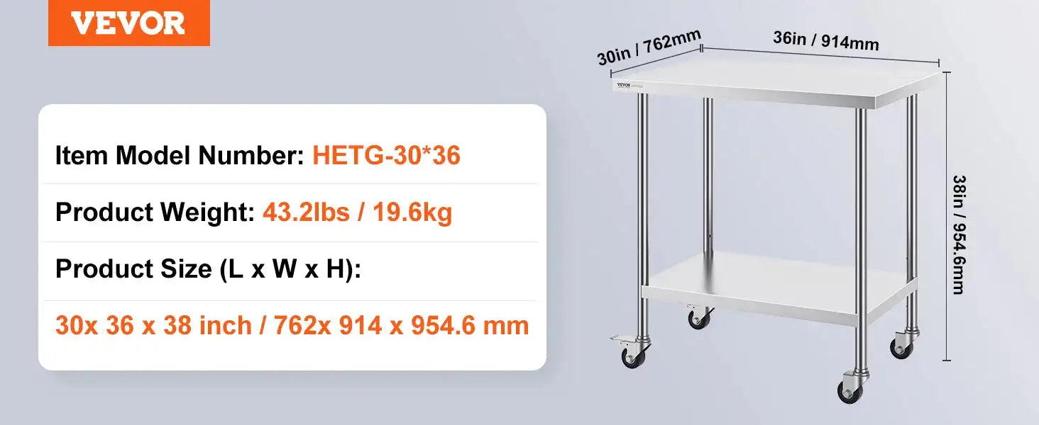 Stainless Steel Work Table Four Wheels 500 Lbs Load 30x36inch / UNITED KINGDOM