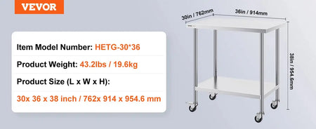 Stainless Steel Work Table Four Wheels 500 Lbs Load 30x36inch / UNITED KINGDOM