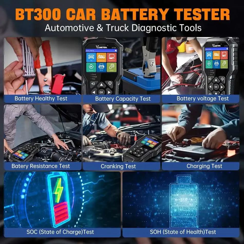 Analisador de Baterias VDIAGTOOL BT300 6V 12V 5 a 3000 CCA com Display de Forma de Onda