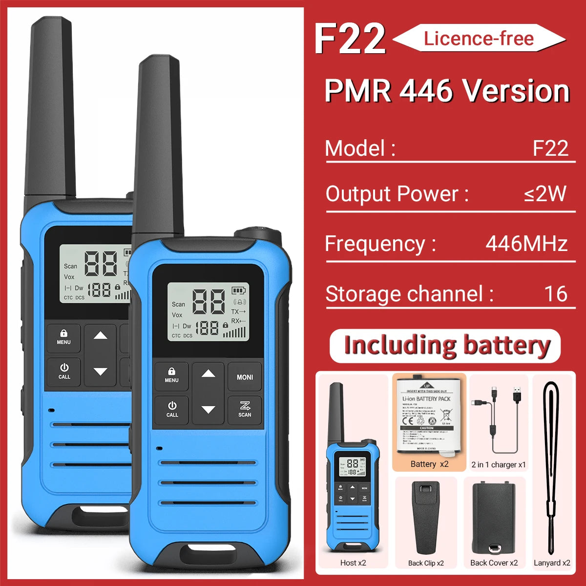 Baofeng F22 Mini Walkie Talkie PMR FRS - Long Range PMR -Blue