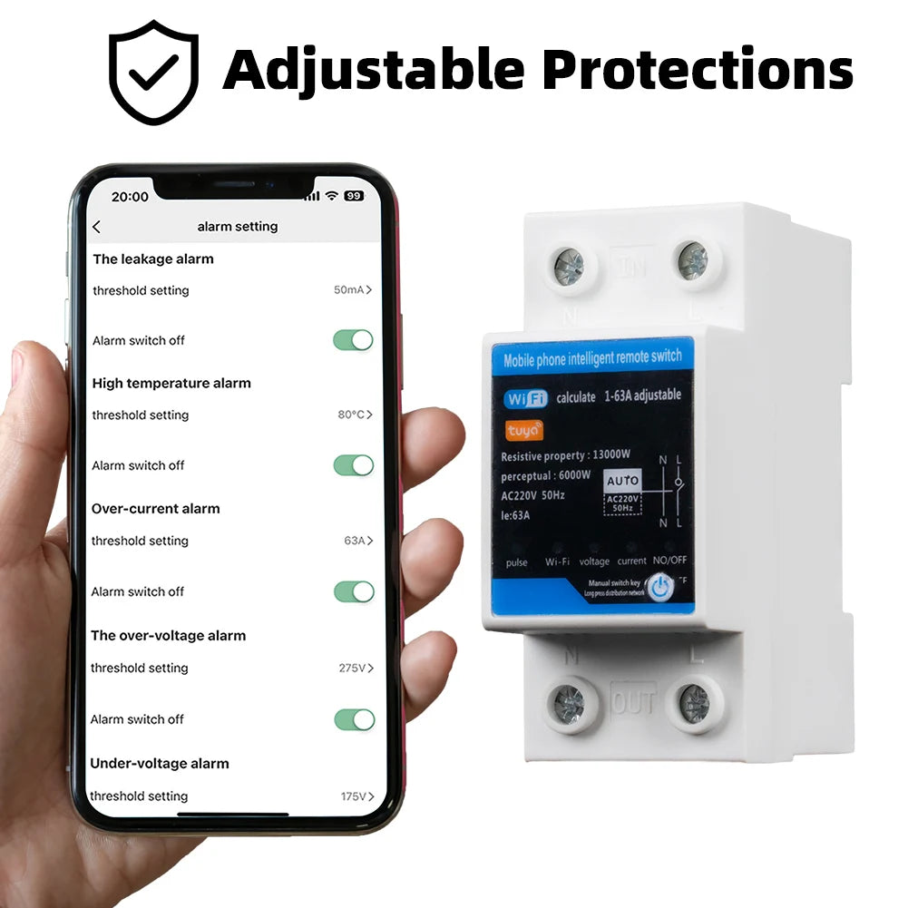 RMshebei 2P Tuya WiFi Smart Circuit Breaker 63A with Over/Under Voltage Protection