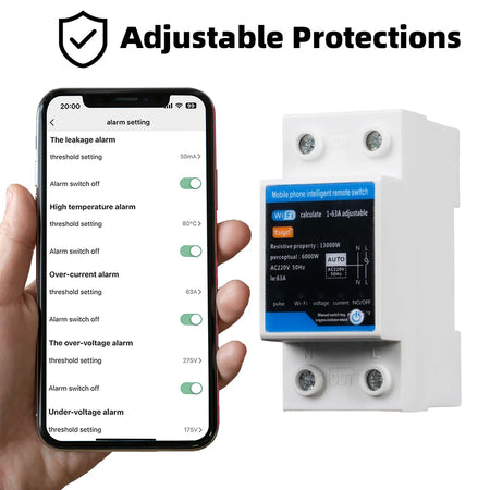 RMshebei 2P Tuya WiFi Smart Circuit Breaker 63A with Over/Under Voltage Protection