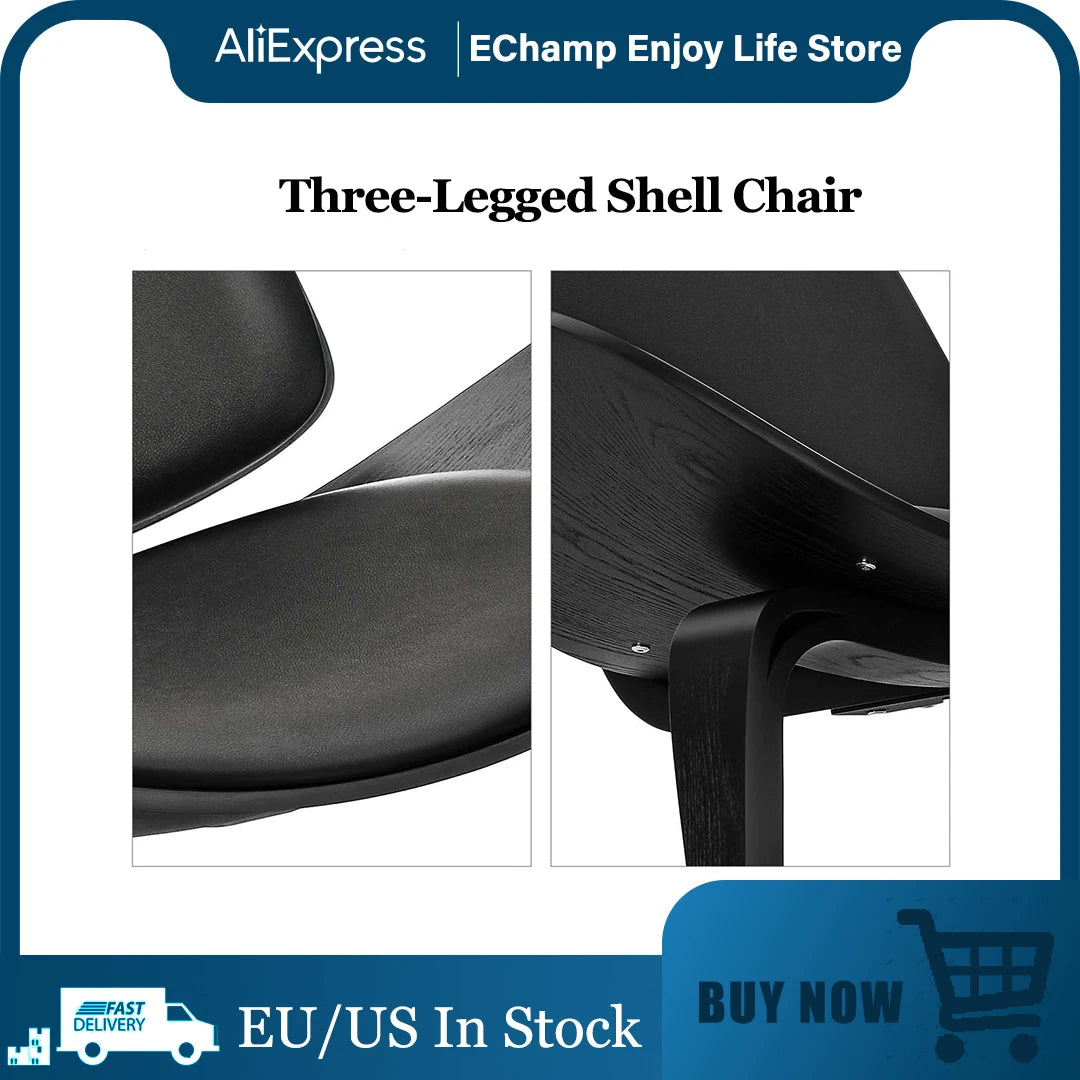 Wegner Style Three-Legged Shell Chair Ash Plywood Black Faux Leather ...