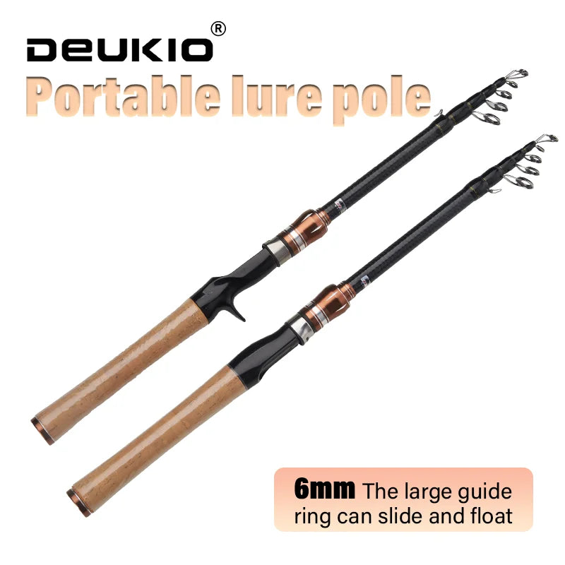 DEUKIO Carbon Telescopic Lure Rod 1.8M 2.1M - Baitcasting Fishing Pole with Wooden Handle