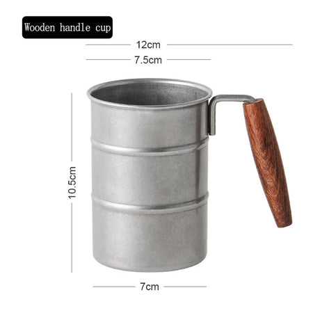 Retro Oil Barrel Mug Coffee Cup - Durable Stainless Steel Silver-Wooden Handl / about 370ML