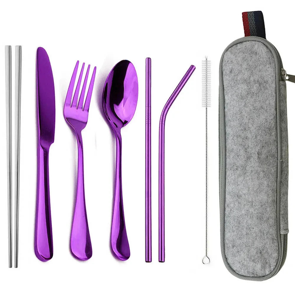 Travel Hiking Portable Dinnerware Set &ndash; Eco-Friendly Stainless Steel Cutlery Grey Bag Purple