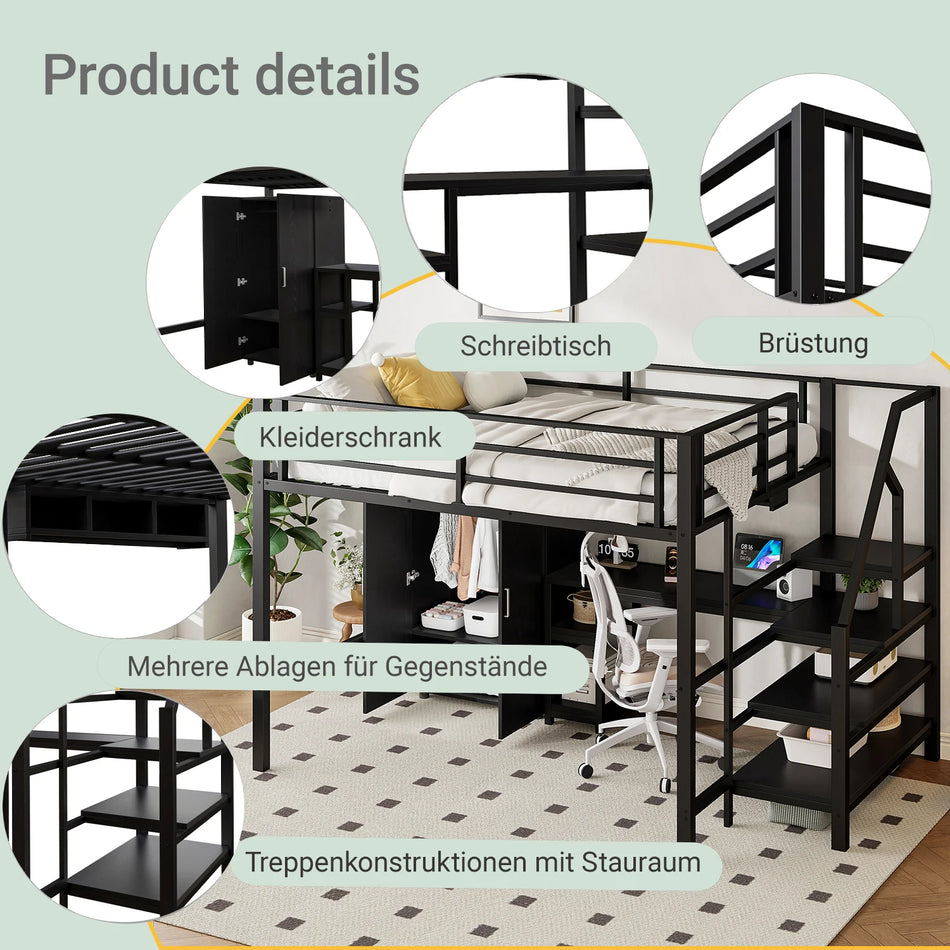 Loftová posteľ 140x200cm s šatníkovou skriňou a písacím stolom, čierna