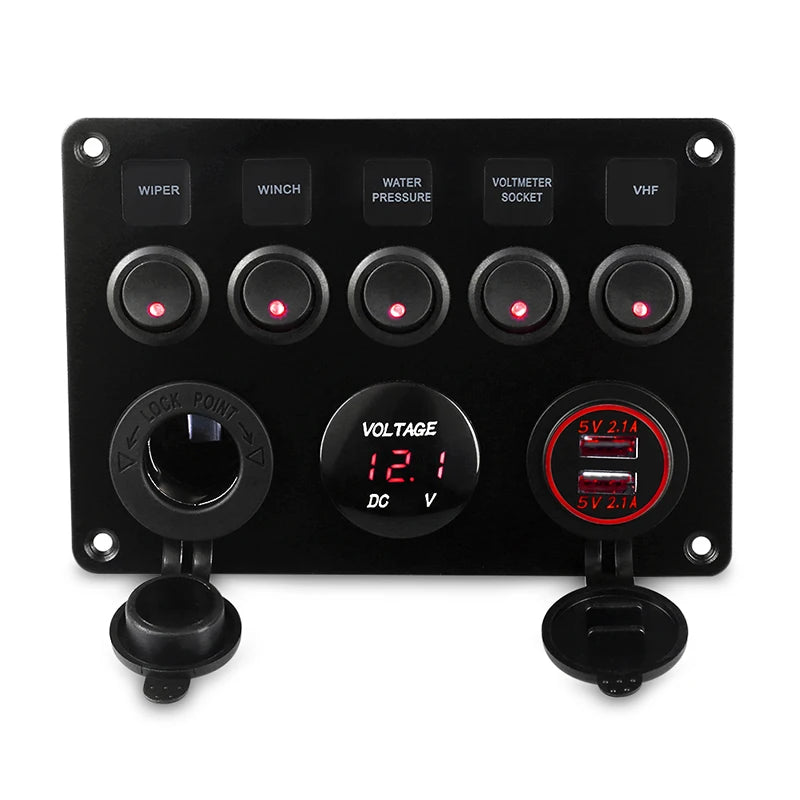 5 Gang Marine Boat Switch Panel &ndash; LED Waterproof Voltmeter Red A