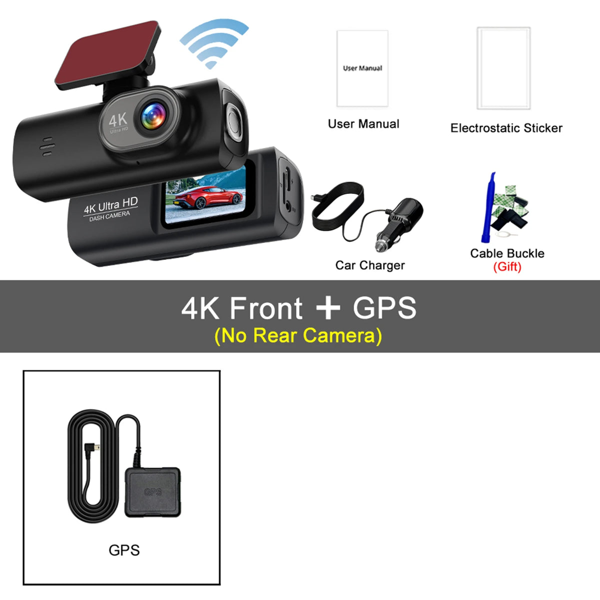 4K WIFI Dash Cam Mini Car DVR &ndash; Dual Lens Front and Rear with Night Vision and GPS 4K-GPS / None