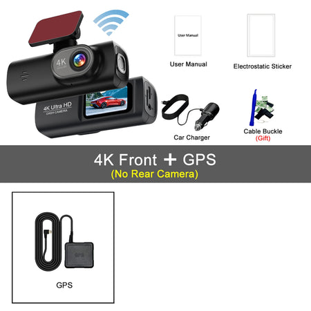 4K WIFI Dash Cam Mini Car DVR &ndash; Dual Lens Front and Rear with Night Vision and GPS 4K-GPS / None