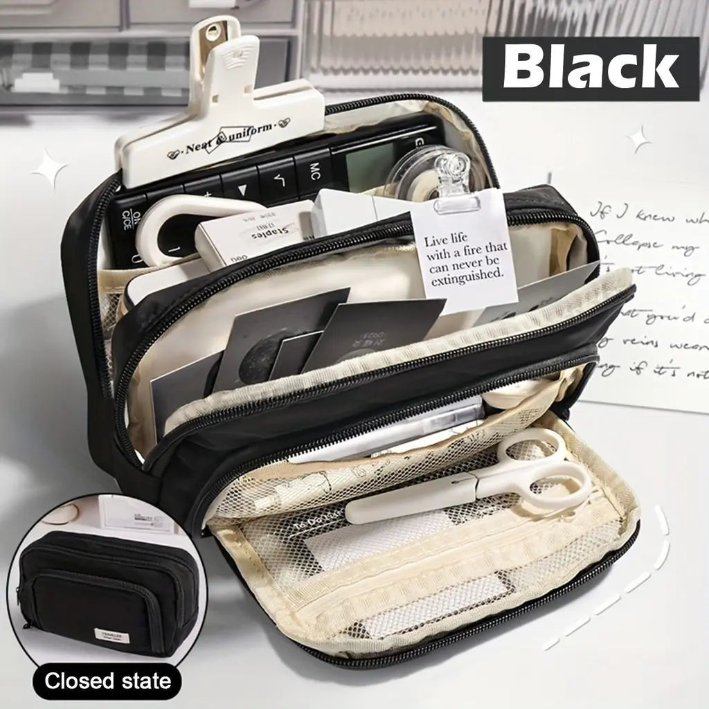 Kawaii Pencil Case | 3 Layer Cute Pen Bag | Large Capacity Korean Organizer With logo-Black