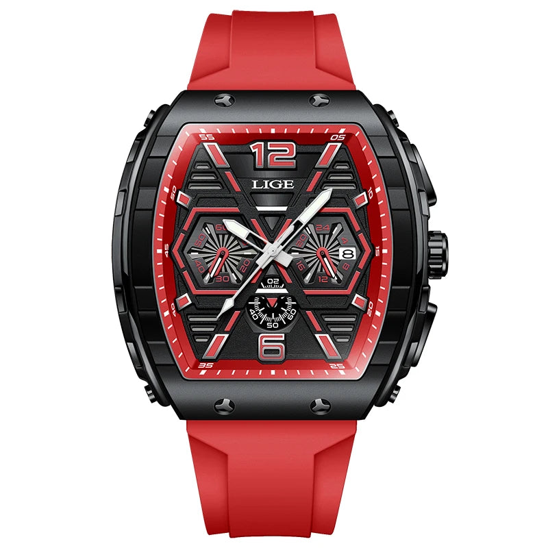 LIGE Luxury Square Casual Quartz Watch - 50M Waterproof Chronograph Red S