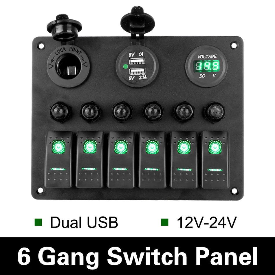 RV 6 Pavarų Rokero Jungiklio Pultas 12V 24V su USB Voltmetru ir Cigarečių Degikliu