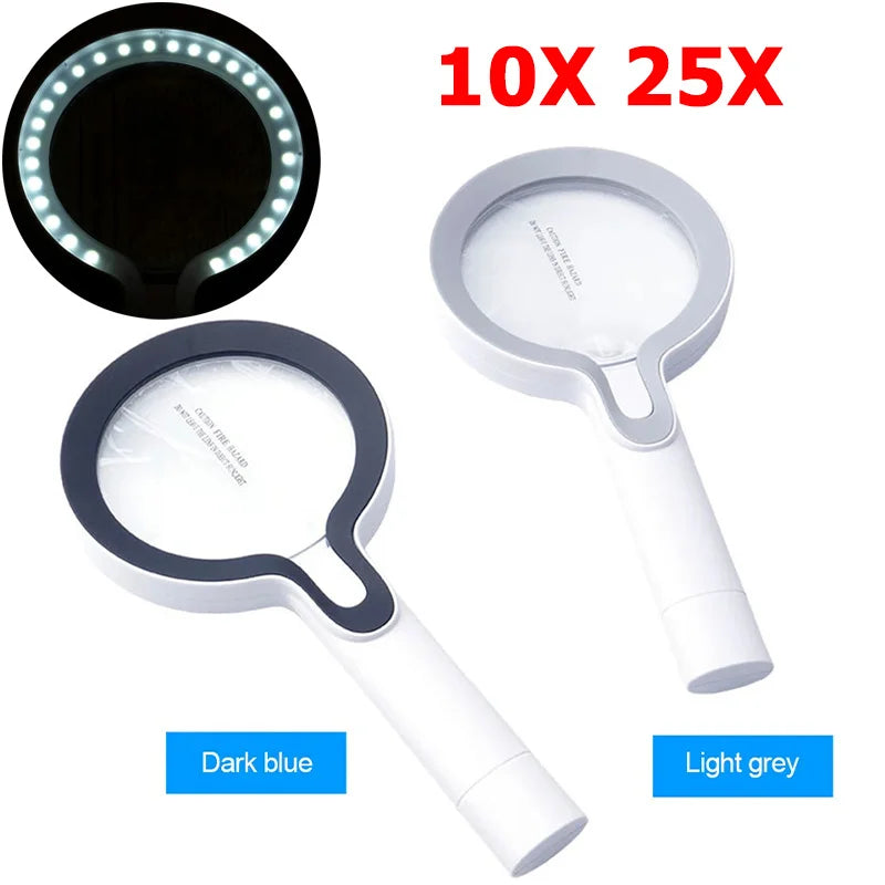 Große Linsen-Handheld-Vergrößerungsglas 10X 25X mit 29 LEDs, wiederaufladbar