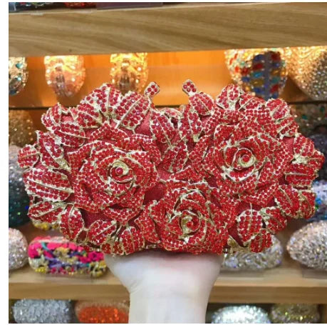 Elegant Golden Silver Crystal Minaudiere Clutch Bag for Women red