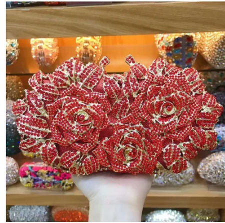 Elegant Golden Silver Crystal Minaudiere Clutch Bag for Women red