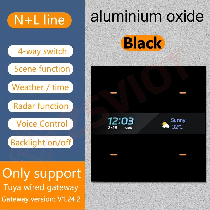 Tuya Zigbee 4 Gang Weather Display Switch &ndash; Time Display Aluminium Black