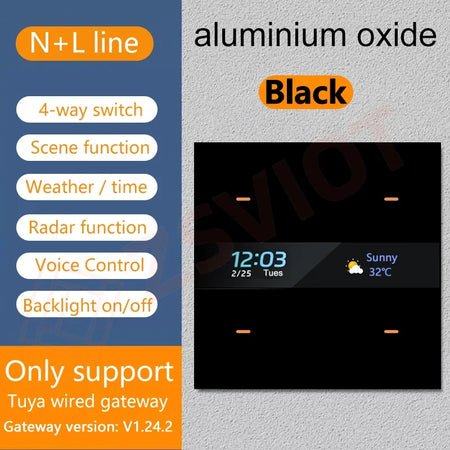 Tuya Zigbee 4 Gang Weather Display Switch &ndash; Time Display Aluminium Black