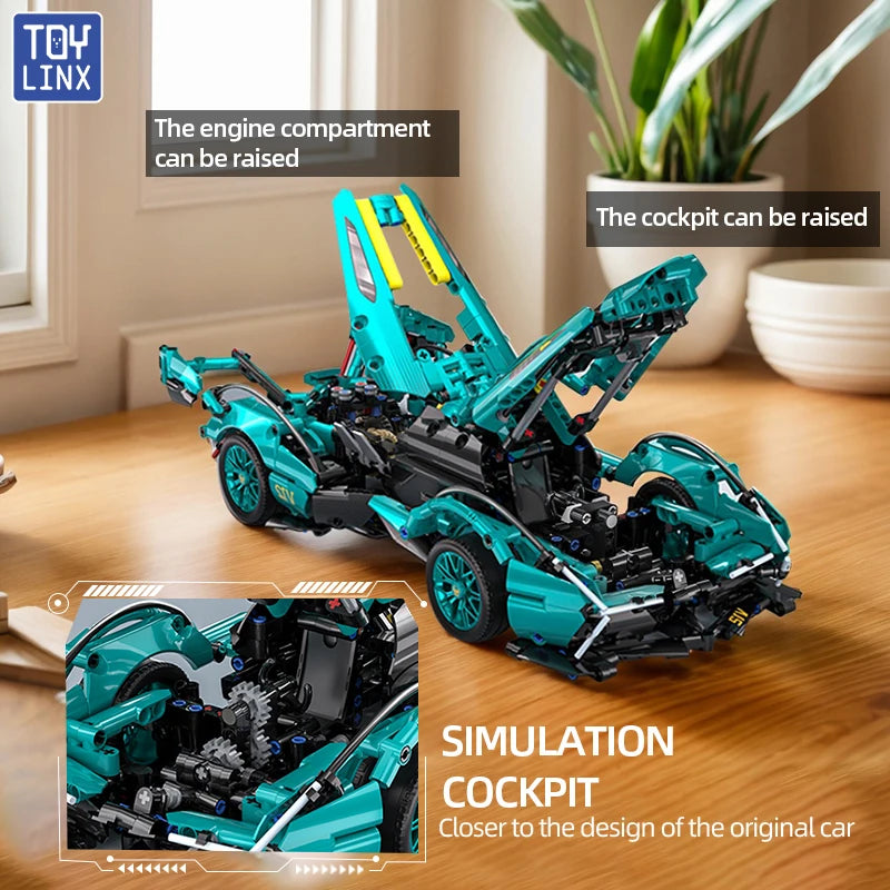Blue V12 Roadster Building Block Car 1:14 DIY Kit For Kids