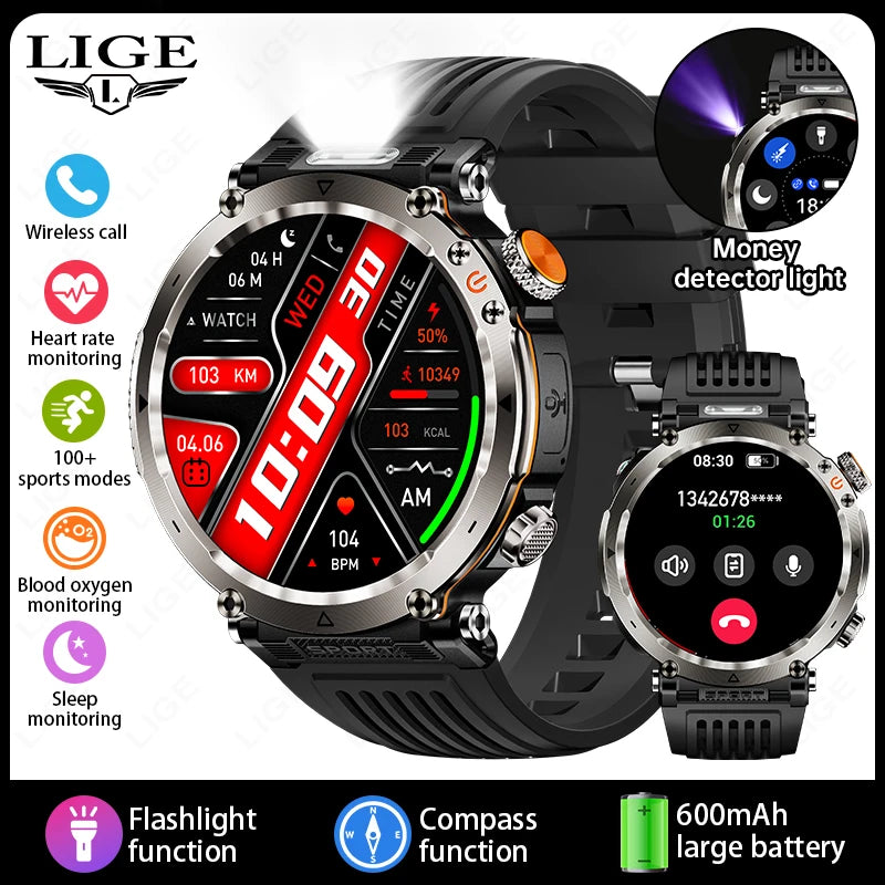 Outdoor Smart Watch Men LED Flashlight &ndash; Long Battery Life black